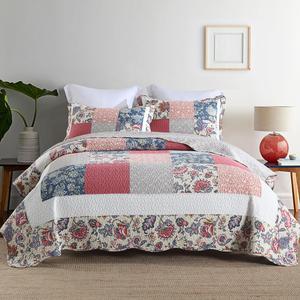 camandy Cotton Bedspread Quilt Bedding Sets 3 Pieces Reversible Coverlet Sets Comforters Vintage Red White Rose Floral Patchwork Bedspread, King Size