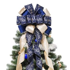 Christmas Tree Topper Bow, 13" Large Gold White Glitter Ribbon Bow with Snowflakes Print, Elegant Xmas Tree Top, Long Wired Ribbon, Decoration for New Year Holiday Party​ & Farmhouse Decor