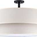 24 Inch LED 28W Adjustable 3000/4000/5000 2 Tier Drum Linen Fabric Shade Semi Flush Mount Close to Ceiling Light Fixture for Bedroom,Living Room,Dining Room Hallway(Black)