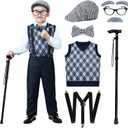 100 Days of School Costume for Boys  Old Man Costume with Grandpa Hat, Beard, and Vest for Kids School Cosplay (X-Large (11-12 Y), Retro Black)