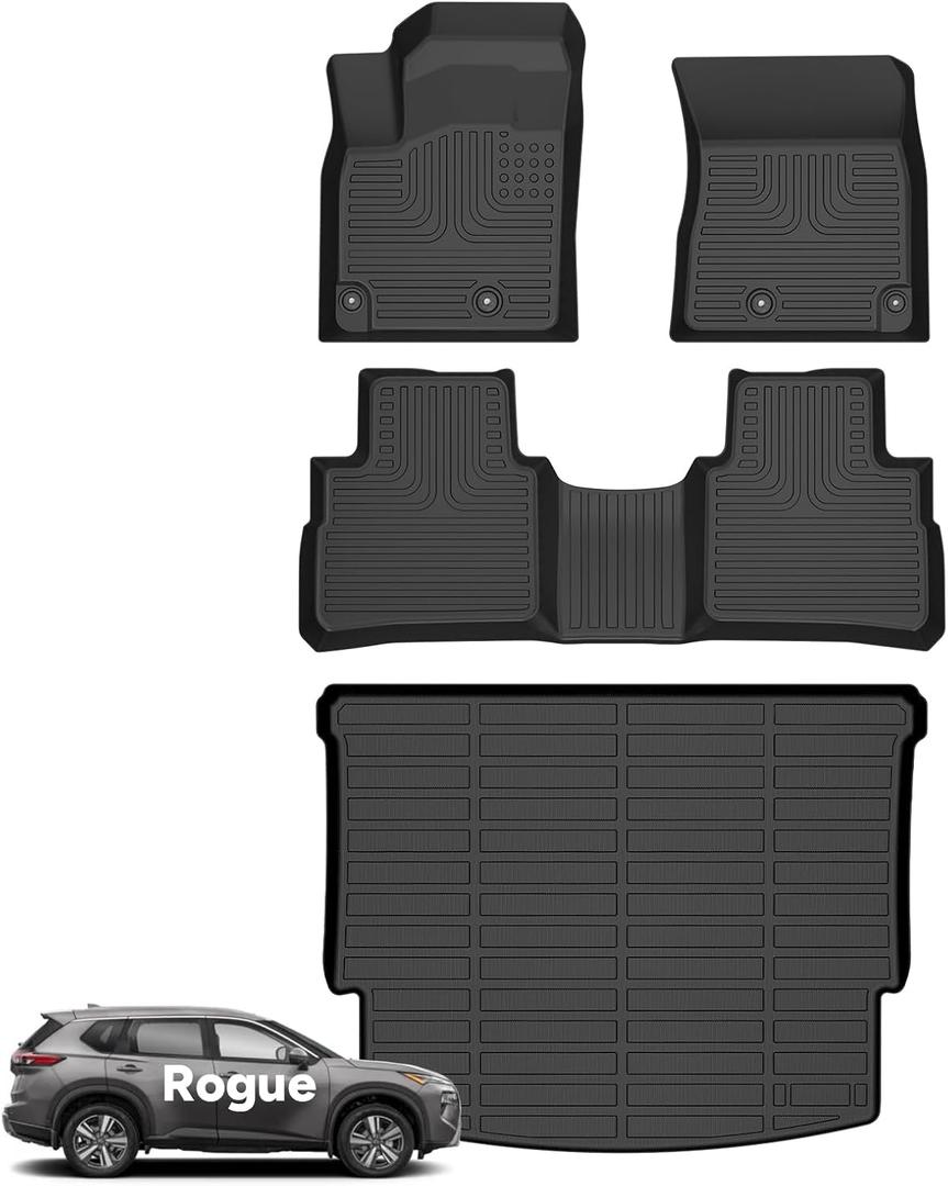 Wayhigh-All Weather Floor Mats & Cargo Liner Set for 2021 2022 2023 2024 2025 Nissan Rogue S|SV|SL|PlatinumNot Sport, Custom Fit TPE Heavy Duty Car Mats for Nissan Rogue Accessories- Black
