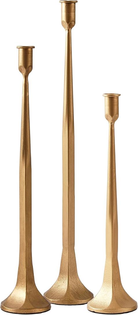 Denique Iron Taper Candle Holder Set of 3, Gold Candlestick Holders 19.317 14 Heightening Decorative Candle Stand Set for Wedding, Dining Table, Home Decoration (Gold)