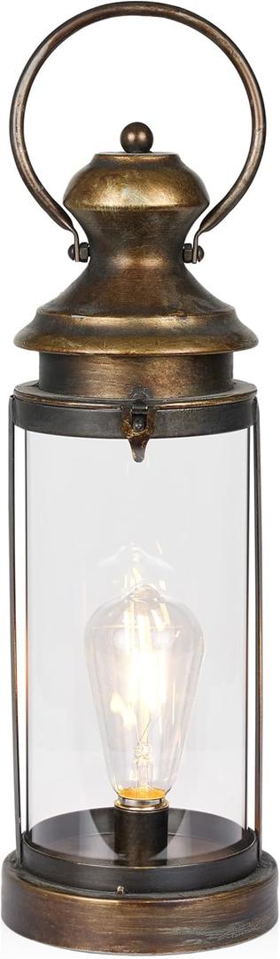 Alpine Corporation ILT102HH-S-GD Gold Metal & Glass Lantern with Warm White LED Light, LED Patio Light, 17" H, Small, Gold