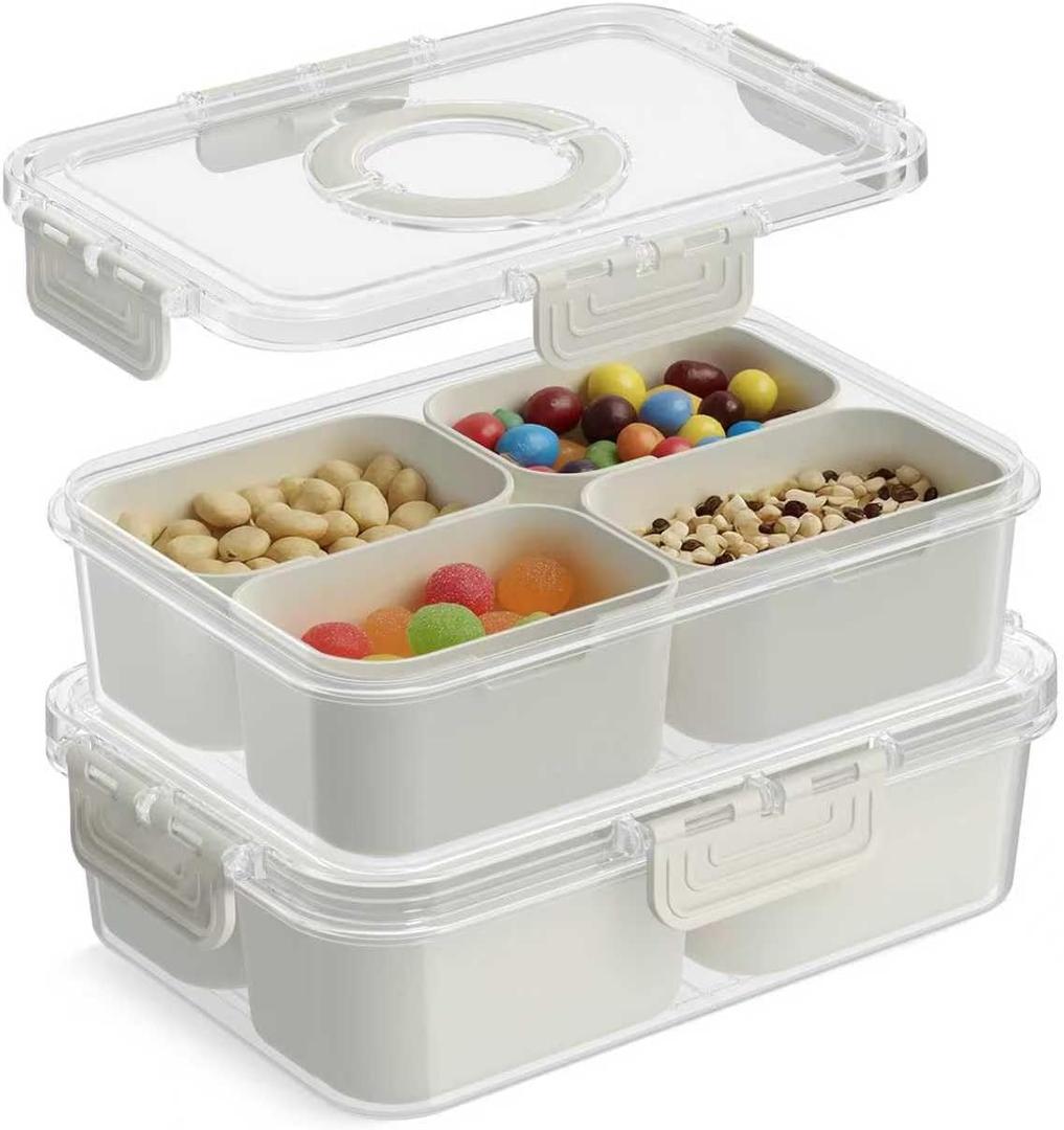 Snackle Box Container, Upgrade Dishwasher, Safe Snack Box for Adult Kids, 4 compartments Plastic Divided Serving Tray with Lid and Handle for Candy, Fruits, Snacks, Nuts, Small, White, 2 Pack