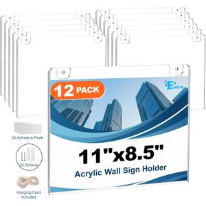 EHWINE 12 Pack 8.5x11 Wall Mount Acrylic Sign Holder Horizontal, Acrylic Wall Sign Photo Menu Flyer Display Holder, Plastic Clear Picture Adhesive Frames for Office Party (Provide Mounting Screws)