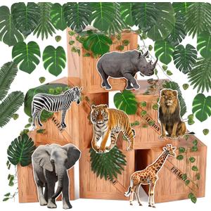 Daifunli 35 Pcs Jungle Animals Party Decoration Jungle Safari Favor Boxes with Artificial Palm Leaves for Birthday Tropical Woodland Zoo Wild Animal Party Supplies