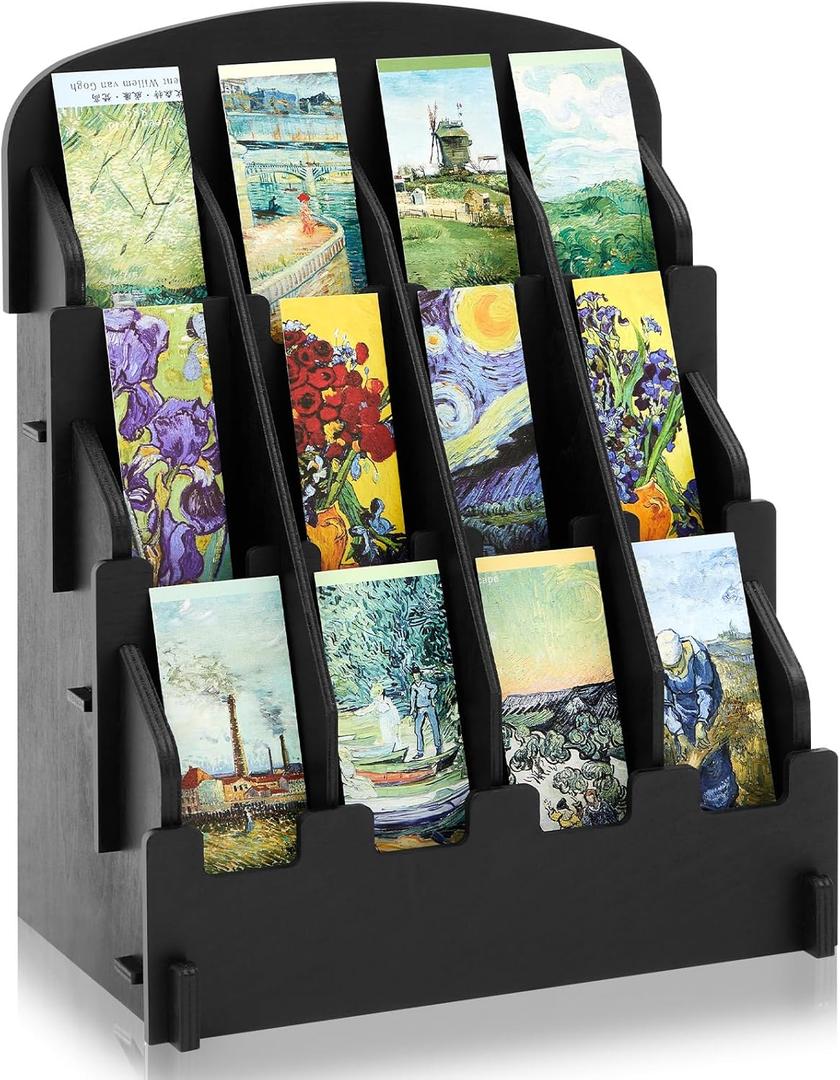 Yuntau Bookmark Display for 2.2'' Bookmark, Adjustable Dividers, Portable Sticker Holder, Curved Pockets Greeting Card Display for Business Vendor, Retail Store Shop(12 Pockets,Black)