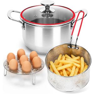Deep Fryer Pot with Basket, Cooking Pot with Strainer Basket, 4.0L/4.2QT Multi-function Pot with Anti-scald Handle, Egg Steamer Rack & Lid, Stainless Steel Cookware for Home Kitchen Outdoor Camping