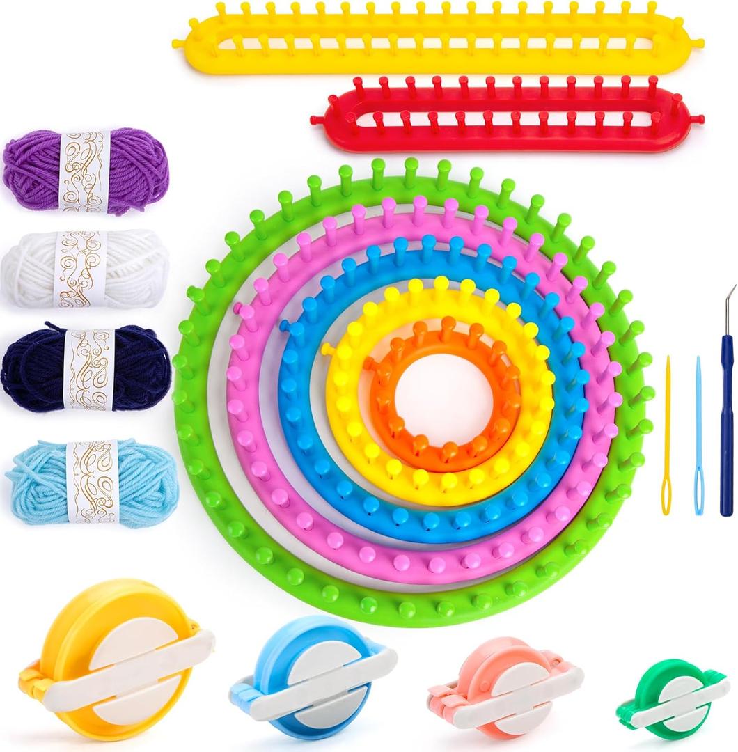 VGOODALL 18PCS Knitting Loom Kit for Beginners, Round & Rectangle Looms Pom Pom Maker with Yarn for Hat, Scarf, Blanket, Christmas Craft Gifts for Adults & Kids