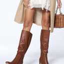 Coutgo Women's Chunky Heeled Knee High Boots Classic Square Toe Zippered Leather Tall Boot, Dark Brown, Size 9.5