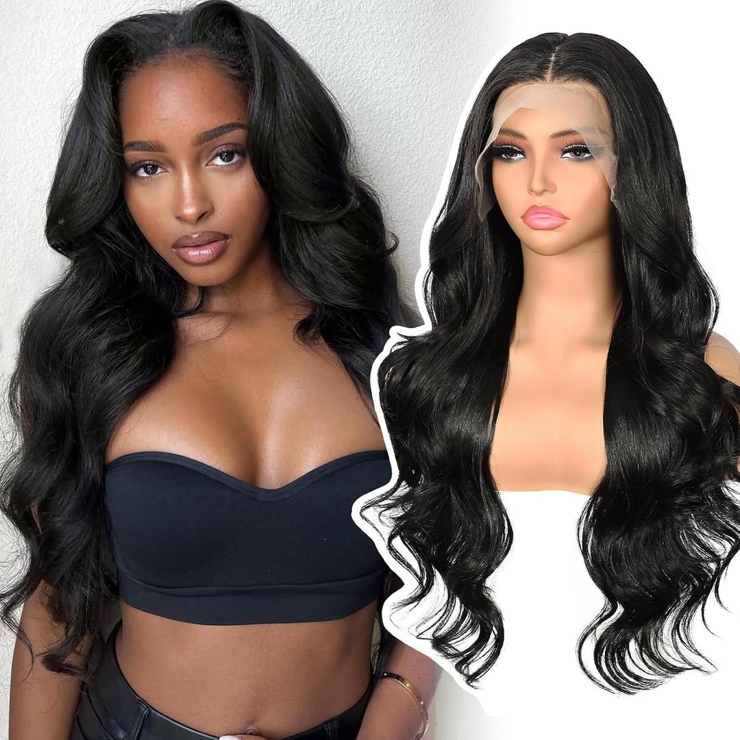 Synthetic Lace Front Wig 13x4 Pre Plucked 1B Black Wigs for Black Women Body Wave Long Wavy 150% Density Natural Heat Resistant Hair Daily Use 26 Inch