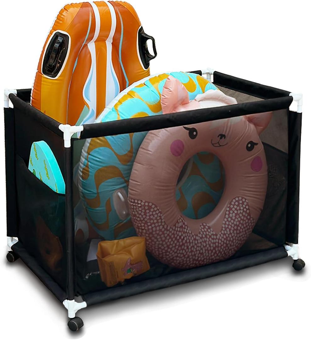 Pool Float Storage- Durable Mesh Pool Storage Bin with Wheels, Ideal for Organizing Pool Floats, Noodles, Toys, and Outdoor Equipment  Easy Mobility with Brake Function for Secure Storage