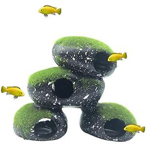 PINVNBY Stone Aquarium Hideaway Decoration Resin Cichlids Rock Decor with Artificial Moss Betta Cave Hideout Shelter Tunnel Fish Tank Ornament for Shrimp,Short Bream and Crayfish(L)