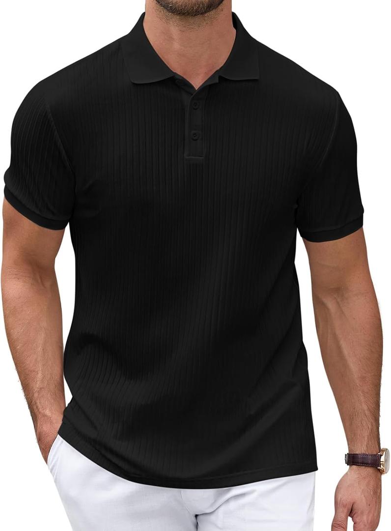 Polo Shirts for Men Short Sleeve Summer Casual Golf Shirts Collared Textured Slim Fit Button Men's Polo T Shirts (Black, M)