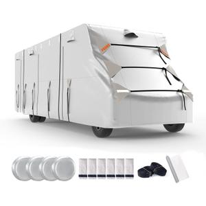 FRUNO Oxford Fabric Class C RV Cover Fits 23'-26' Waterproof Rip-Resistant Anti-UV Motorhome Camper Cover for Winter Snow with 4 Tire Covers and Gutter Covers