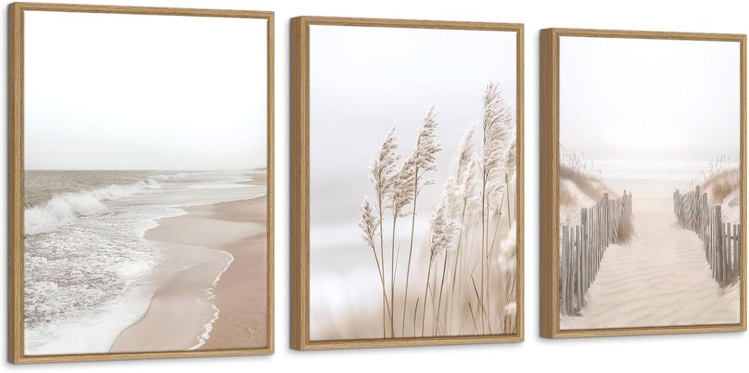 Neutral Beach Pampas Grass Wall Art Boho Coastal Canvas Wall Decor, Ocean Shore Landscape Scene Nature Wilderness Prints Artwork for Living Room Bedroom Framed Ocean Theme, Set of 3, 12x16 Inch