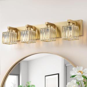 Gold Crystal Bathroom Vanity Lights, 4 Lights Bathroom Lighting Fixtures Over Mirror Modern Gold Crystal Bath Wall Light with Square Shade