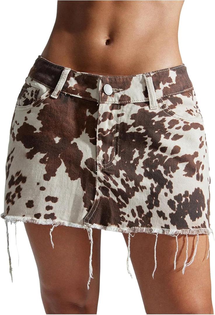 Floerns Women's Y2k Mini Denim Skirt Cow Print Low Waist Raw Hem Western Jean Skirt (Medium, Brown and White)