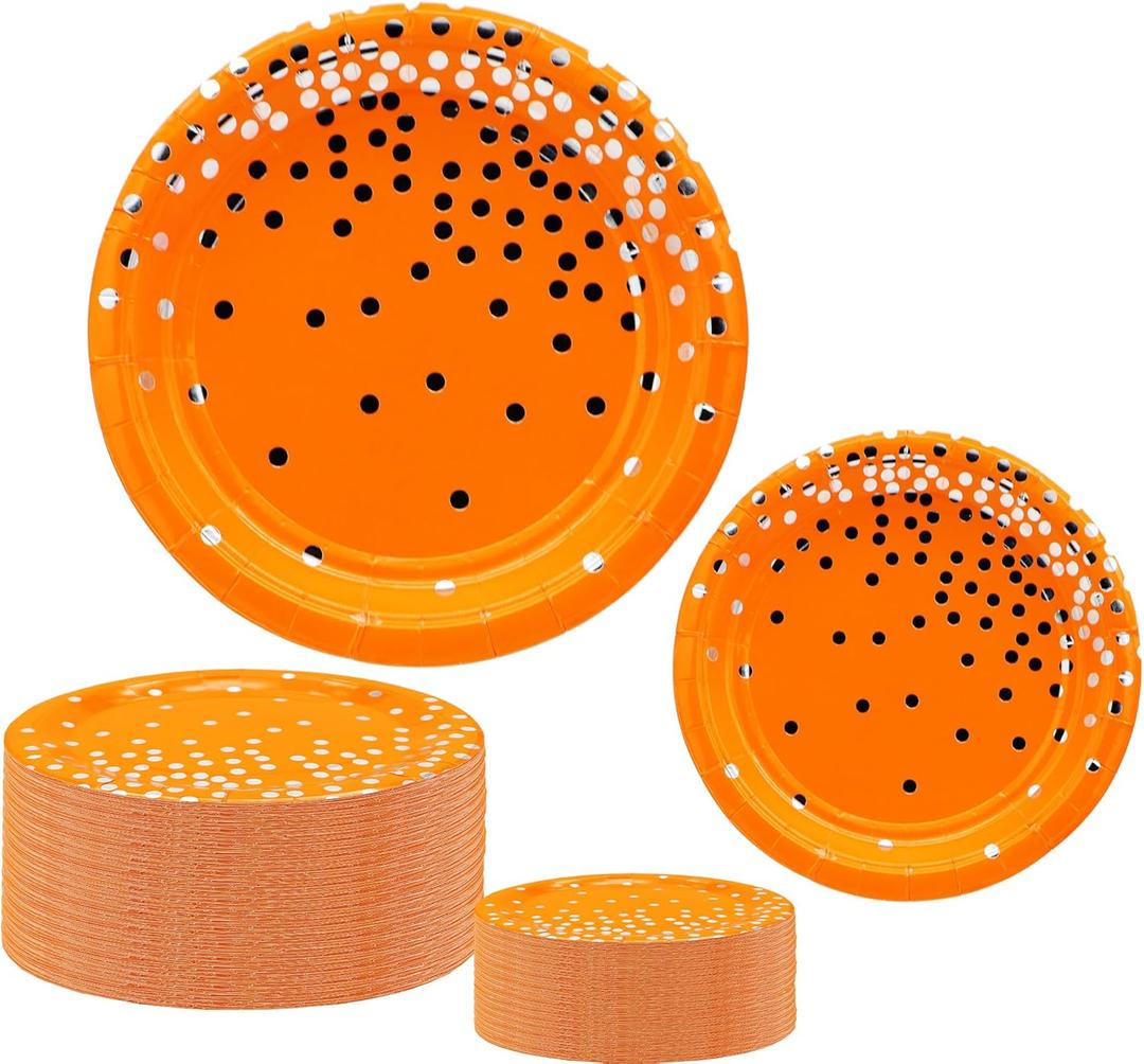 50 Pcs Party Supplies - Orange Silver Dot Tableware Set - 7/9 Inch Paper Plates for Birthdays, Weddings & More