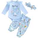 JiAmy Baby Girls My 1st Easter Outfit Newborn 3 Piece Romper Headband Pant Sets Blue Rabbit Egg 0-3M