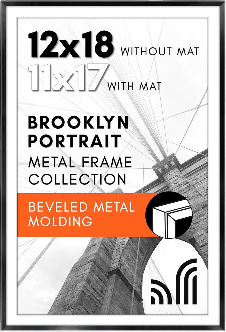 Americanflat 12x18 Metal Poster Frame with Tempered Glass - Use as 11x17 Frame with Mat or Display 12x18 Photo Without Mat - Brooklyn Collection - Picture Frames for Wall Display - Black