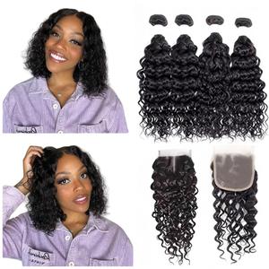 Foruiya Water Wave 4Bundles(50g/bundle) with Middle Part Closure Weave Hair Human Bundles with T Lace Closure Brazilian Wet and Wavy Bundles with Closure (10/10/10/10+10" closure)