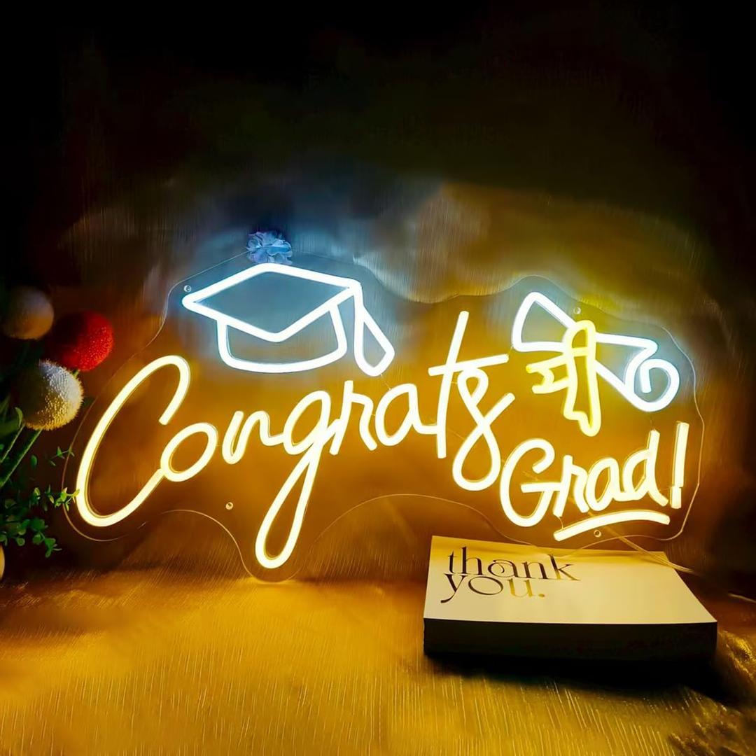 23X12 Inch Large Congrats Grad Neon Signs with Remote Dimmer, Dimmable LED Congratulations Neon Lights Sign for Prom, Graduation Party Decor, Graduation Cap Light Up Sign for Congrats Grad Gifts