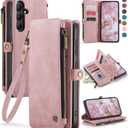 Defencase for Galaxy S26 Case Wallet with RFID Blocking Card Holder for Women Men, Elegant PU Leather Magnetic Snap Flip Wristlet Strap Zipper Wallet Phone Cases for Samsung Galaxy S26 5G 6.3", Pink