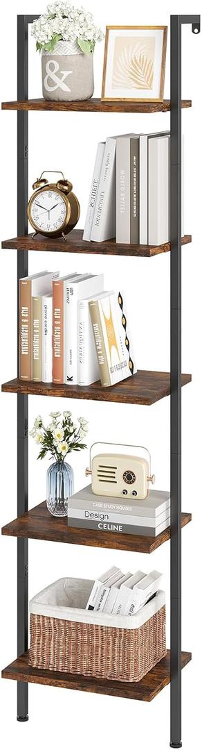 ELYKEN Ladder Shelf, 5-Tier Wood Wall Mounted Bookshelf with Metal Frame, Vintage Open Display Organizer Rack, Leaning Storage Shelves for Living Room, Bedroom, Home Office, Rustic Brown