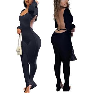 Womens Jumpsuit Long Sleeve One Piece Jumpsuits Leopard Print Sexy Backless Bodycon High Waisted Club Outfits Catsuits (Small, Solid Black)