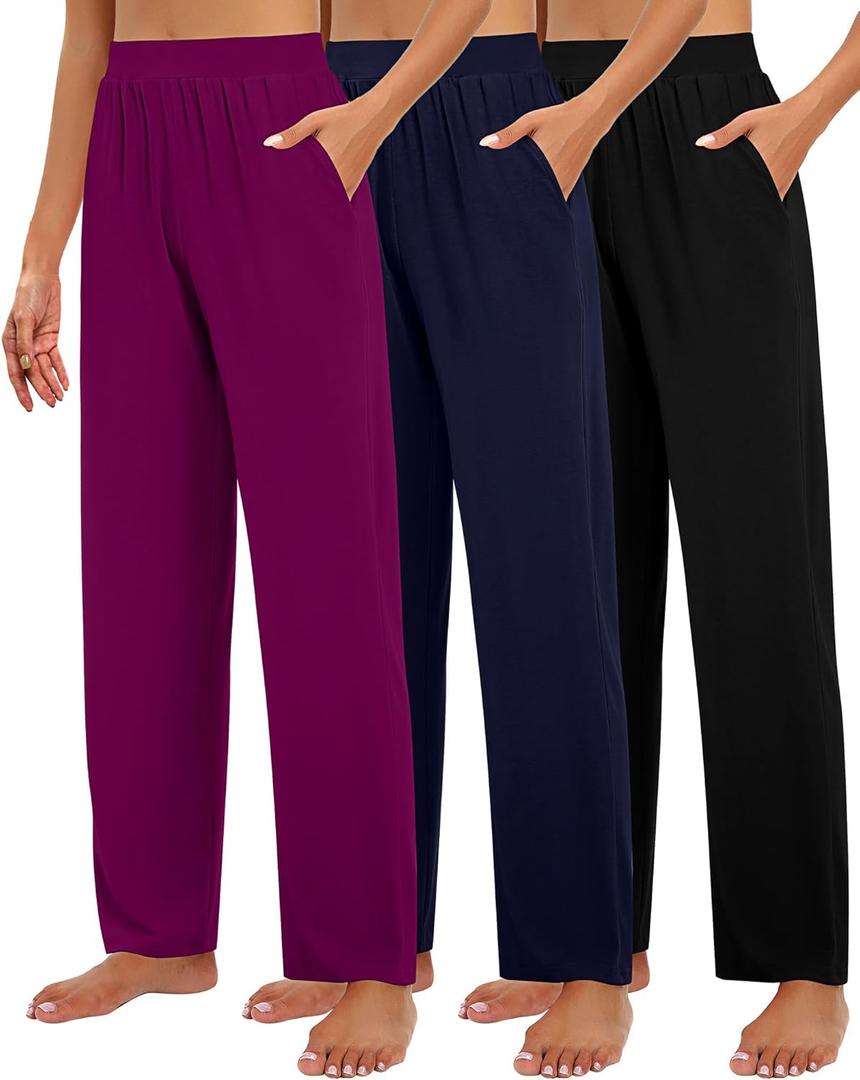 Huukeay 3 Pack Women's Lounge Pants, Cozy Wide Leg Lounge Slacks with Pockets Loose Flowy Yoga Sweatpant Workout Comfy Jogger (XX-Large, Black, Navy Blue, Magenta)