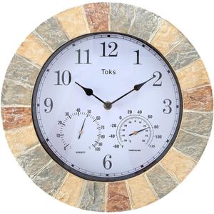 Lily's Home Hanging Wall Clock, Includes a Thermometer and Hygrometer and is Ideal for Indoor and Outdoor Use, Wonderful Housewarming Gift for Friends, Faux-Stone (13 Inches)