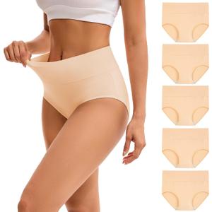 INNERSY Women's High Waisted Underwear Cotton Panties Regular & Plus Size 5-Pack (Medium, Nude)