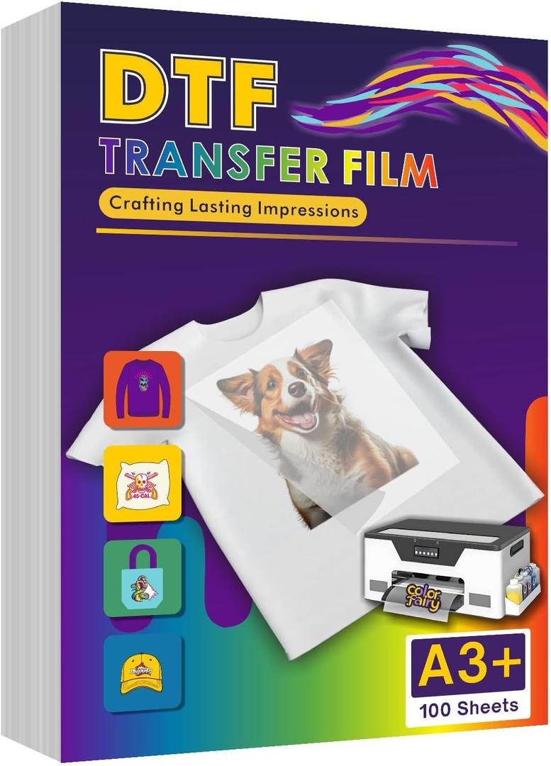 Colorfairy DTF Transfer Film 13" x 19", 100 of Sheets A3+ Double-Sided Matte PET Heat Transfer Paper, Universal for All T-Shirts & Dark Fabrics, Vibrant Colors, Easy Peel Hot/Cold