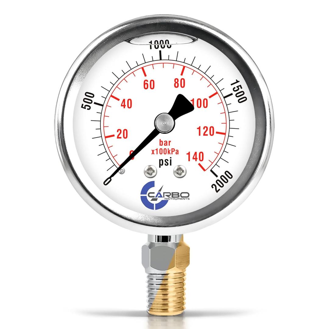 2000 PSI Glycerin Liquid Filled Pressure Gauge, 2.5" Dial, 1/4 NPT Lower Mount, 304 Stainless Steel Case, Brass Wetted Parts, Dual Scale PSI/Bar - ASME B40.1 Grade A