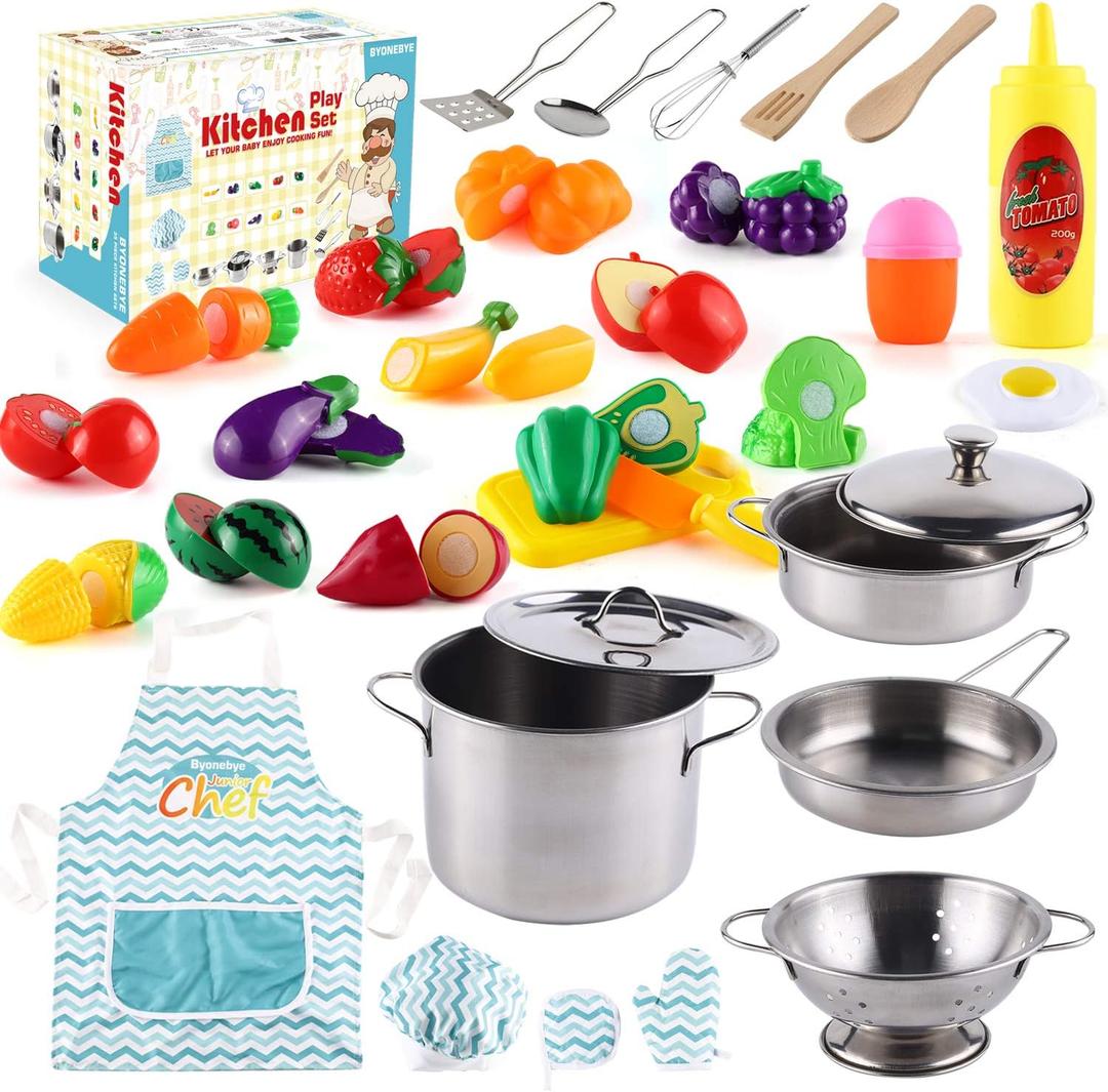 35 Pcs Kitchen Pretend Play Accessories Toys,Cooking Set with Stainless Steel Cookware Pots and Pans Set,Cooking Utensils,Apron,Chef Hat,and Cutting Play Food for Kids,Educational Learning Tool, child-size