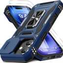 DEERLAMN Case for iPhone 17 6.3-Inch with Slide Camera Cover + Screen Protector (2 Packs), Rotated Ring Kickstand Military Grade Shockproof Protective Cover-Navy Blue