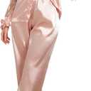 OYOANGLE Women's Satin Pajama Set Heart Mesh Sheer Sleeve Button Down Shirt and Pants 2 Piece Sleepwear Pink X-Large