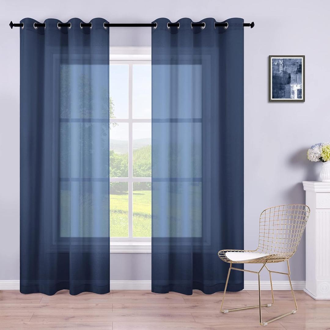 Navy Curtains 84 Inch Length for Living Room Set of 2 Panels Grommet Semi Sheer Nautical Curtains for Bedroom Boys Room Kids Nursery Bathroom Windows 52x84 Inches Long Navy Blue