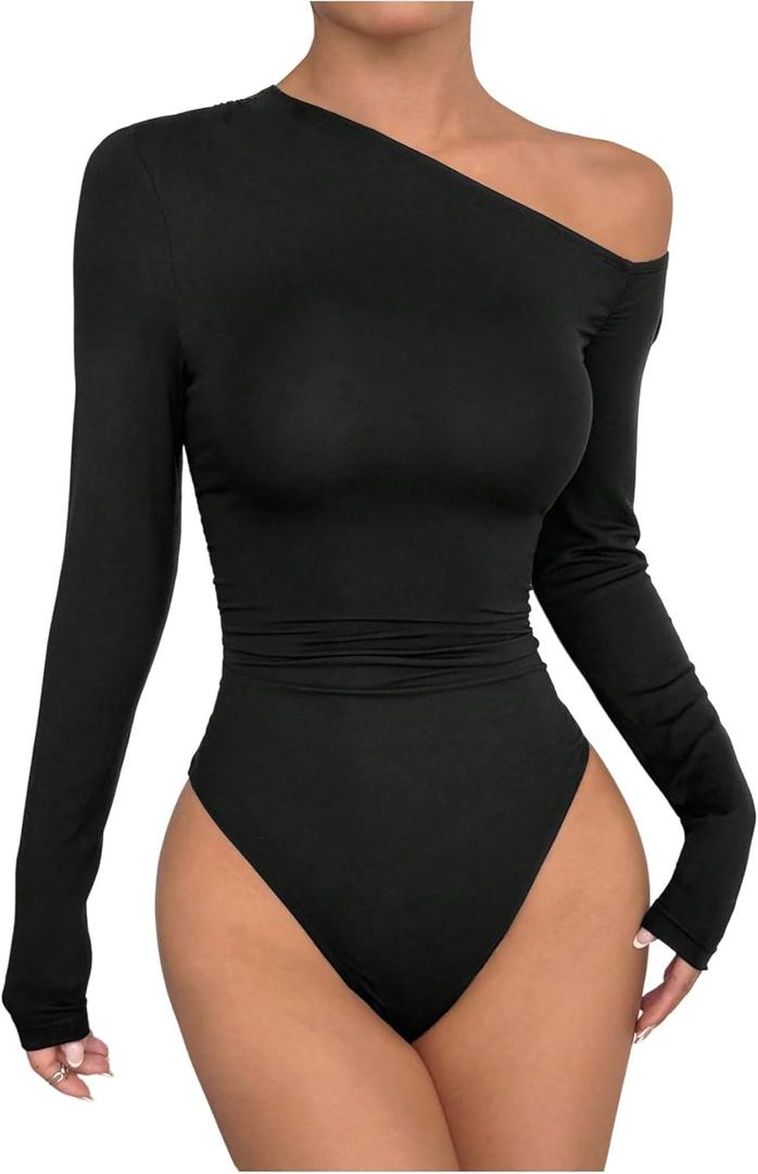 GORGLITTER Women's Long Sleeve One Shoulder Top Bodysuit Asymmetrical Neck Casual Slim Fit Tshirt Leotard Tops S