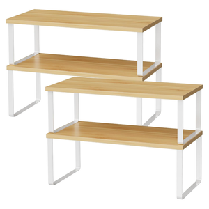 OGEMXU Cabinet Shelf Organizers, 15.7 inches Large Kitchen Counter Shelf, Set of 4 Wood Kitchen Pantry Organizer, Storage Shelves for Countertop, Spice Rack, Stackable, Expandable, Metal White, Nature