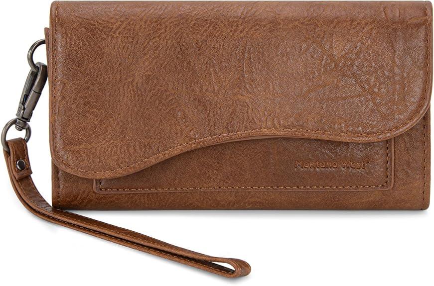 Montana West Wallets for Women Large Phone Wristlet Wallets Trifold Money Organizers with Coin Purse and Wrist Strap (Brown)