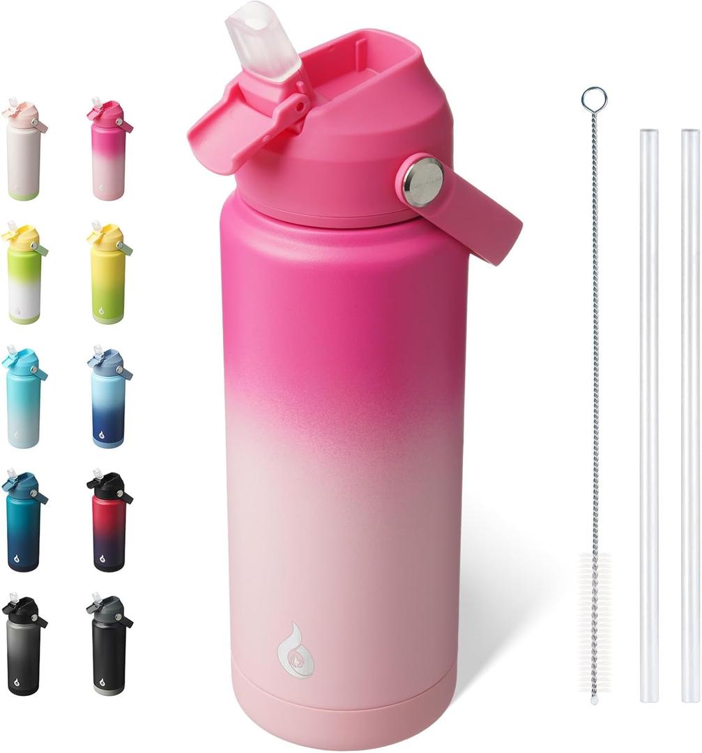 BJPKPK Water Bottle with Straw Lid, 24oz Vacuum Insulated Water Bottles, Metal Stainless Steel Thermo for Sports, Travel, BPA Free Leak Proof Thermo, Cups, Flasks, Tumblers,Cherry