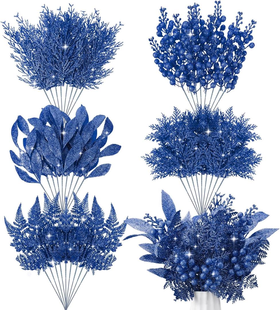 Moucuny 75 Pcs Christmas Glitter Picks Artificial Christmas Tree Picks and Sprays for Tree 5 Styles Berries Stems Cedar Bay Leaves Fern Pine Branches for Vase Fillers Wreath Garland (Blue)