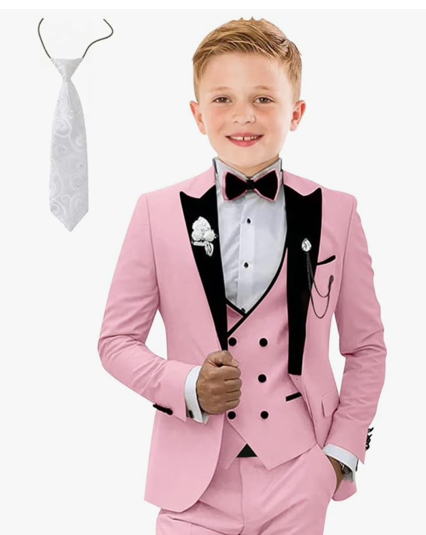 Kids Tuxedo Suit for Boys Slim Fit Wedding Outfit Boys Formal 5 Piece Suit Set,  7Y