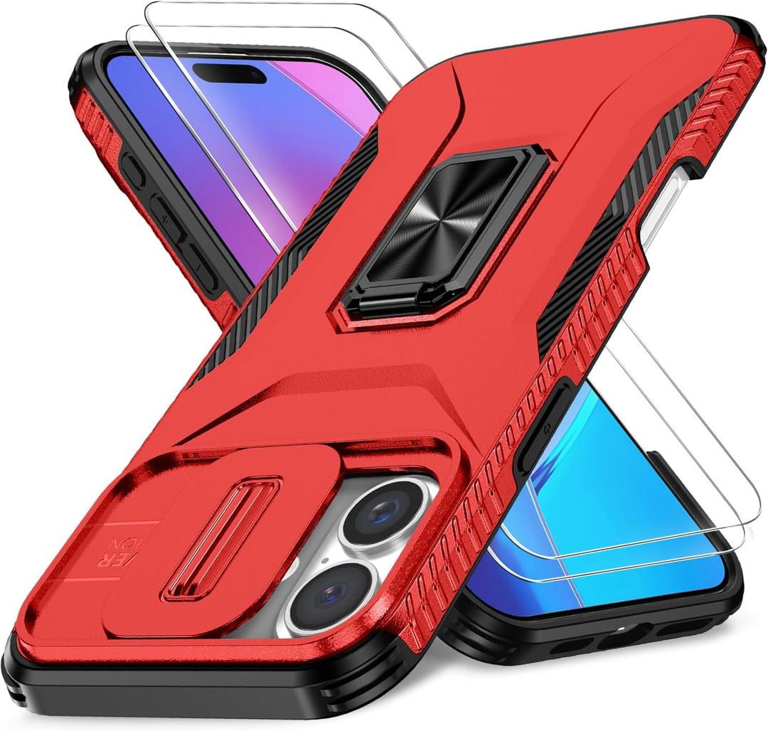 Case for iPhone 16 Plus with Slide Camera Cover+Screen Protector(2 Packs), Military Grade Shockproof Protective Cover, Rotated Ring Kickstand(A - Red)