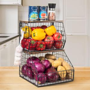 Fruit Basket, Stackable Wall Mounted Fruit Baskets, Potato Baskets Onion Storage for Kitchen, Hanging Wire Basket with Wood Lid, 2-Tier Vegetable Organizer Kitchen Countertop Organization (11.8" x 12" x 8.5", Brown)
