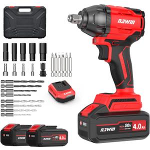 NAWIN Cordless Impact Wrench, 258Ft-lbs & 350Nm Power Impact Socket Set, 1/2 inch, Multi-Speed Adjustment, Led Light, 20V Impact Wrench with 2×4.0Ah Battery, Fast Charger