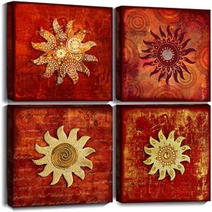 Vintage Flowers Pattern Canvas Prints Wall Art for Bedroom 4 Piece Framed Artwork Abstract Red Sunflower Picture for Home Office Decoration 16x16, 16"x16"x4pcs