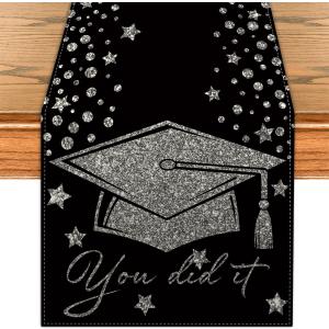 Graduation Table Runner Class of 2026 Kitchen Dining Table Centerpiece Mastered It Congrats Grad Decor Black Sliver Graduation Decorations for Home Party-72 Inches Long